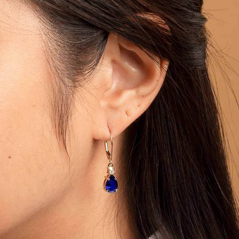 Created Blue Sapphire and Diamond Teardrop Leverback Earrings in 14k Yellow Gold