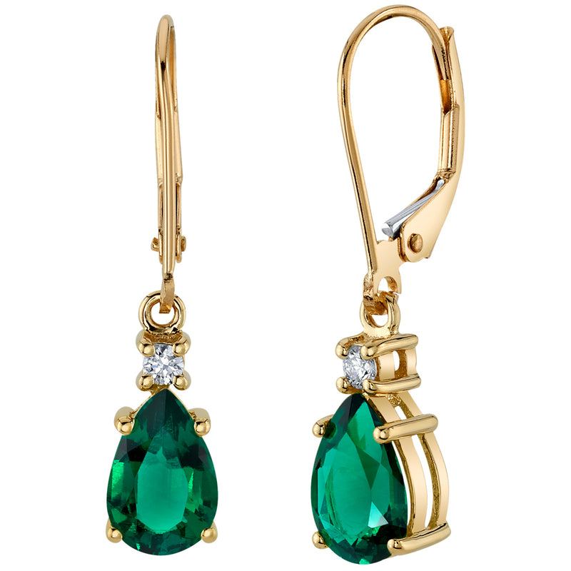 Created Emerald and Diamond Teardrop Leverback Earrings in 14k Yellow Gold