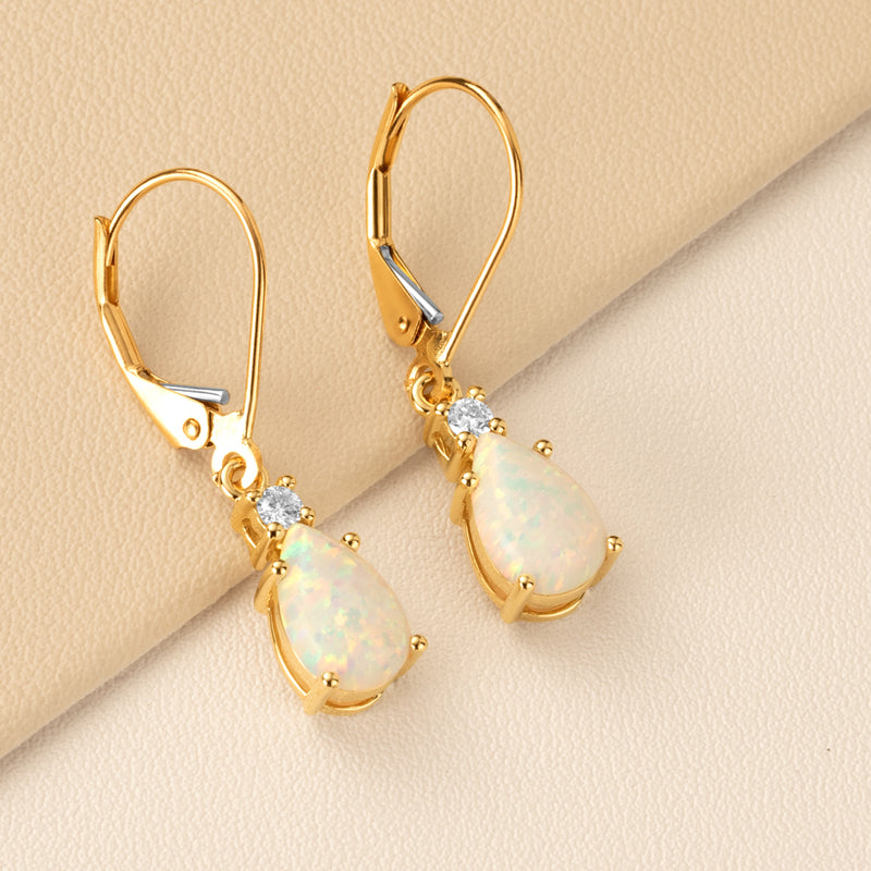 Created White Fire Opal and Diamond Teardrop Leverback Earrings in 14k Yellow Gold