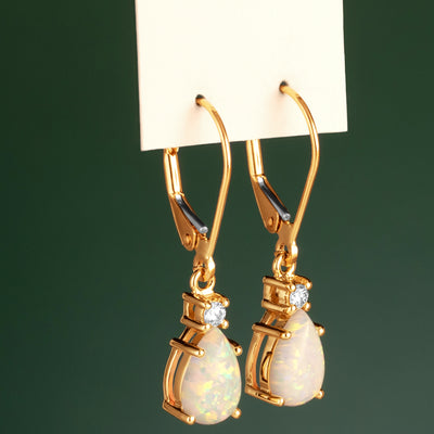 Created White Fire Opal and Diamond Teardrop Leverback Earrings in 14k Yellow Gold