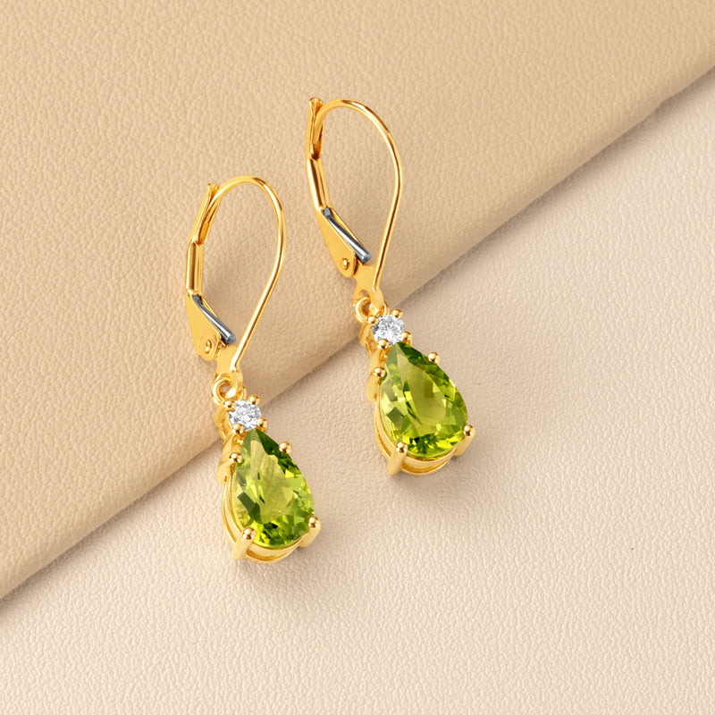 Natural Peridot and Diamond Teardrop Leverback Earrings in 14k Yellow Gold