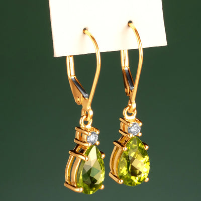 Natural Peridot and Diamond Teardrop Leverback Earrings in 14k Yellow Gold