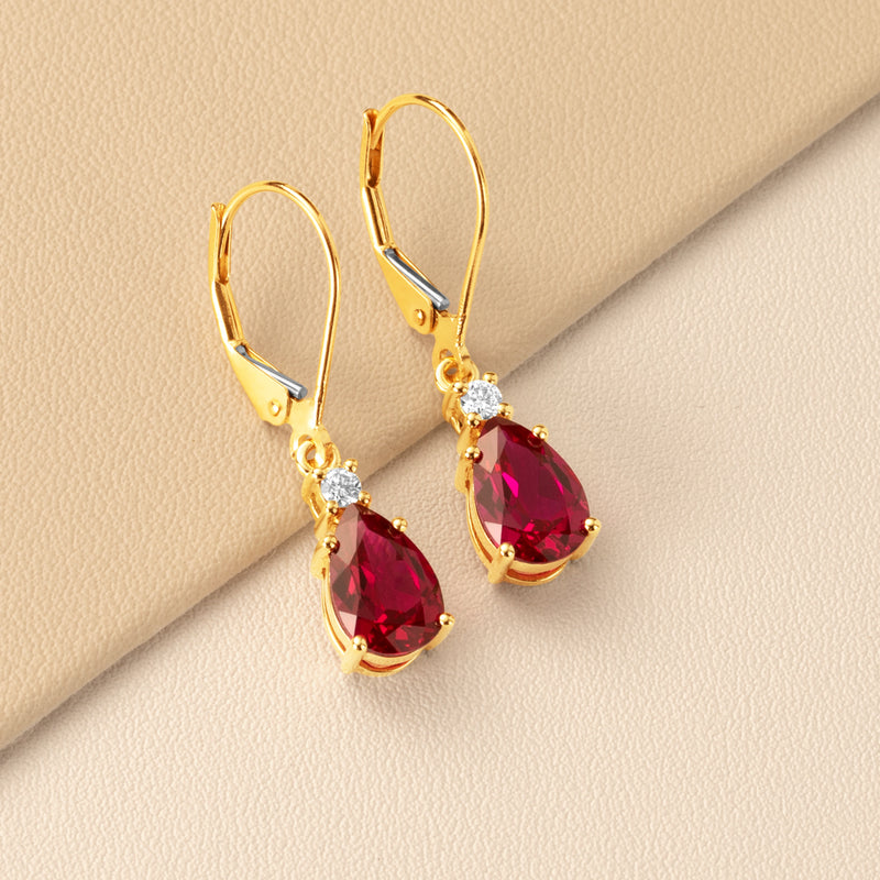 Created Ruby and Diamond Teardrop Leverback Earrings in 14k Yellow Gold