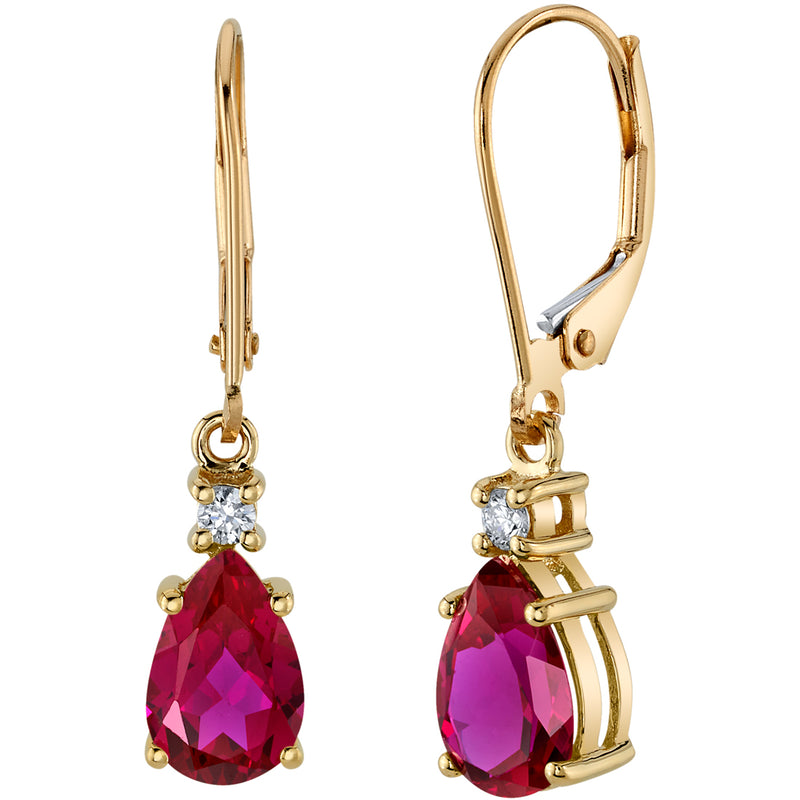 Created Ruby and Diamond Teardrop Leverback Earrings in 14k Yellow Gold