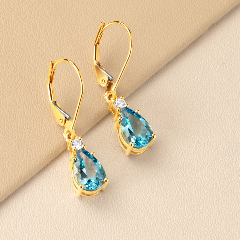 Natural Swiss Blue Topaz and Diamond Teardrop Leverback Earrings in 14k Yellow Gold