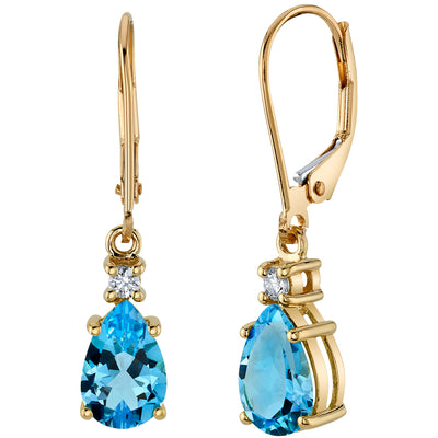 Natural Swiss Blue Topaz and Diamond Teardrop Leverback Earrings in 14k Yellow Gold