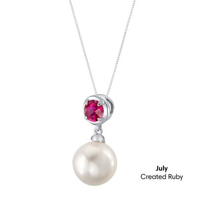 Simple Freshwater Cultured Pearl Birthstone Necklace in Sterling Silver - July Ruby