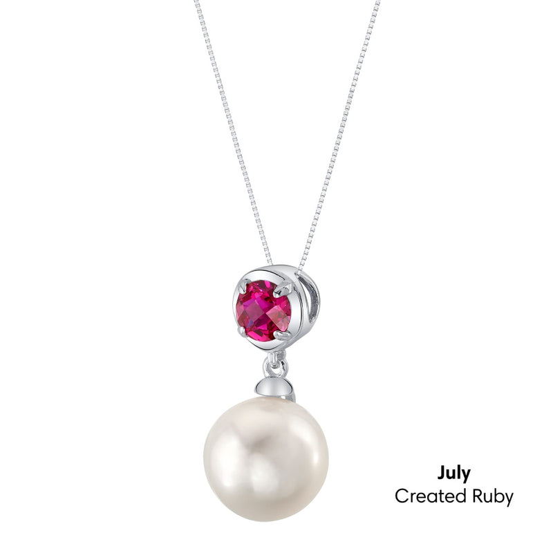 Simple Freshwater Cultured Pearl Birthstone Necklace in Sterling Silver - July Ruby