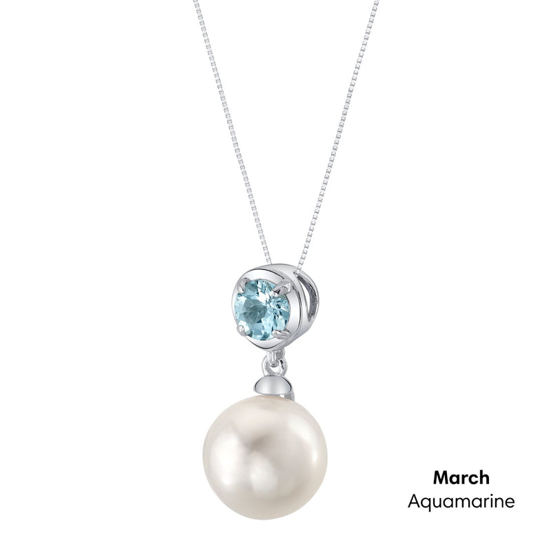 Simple Freshwater Cultured Pearl Birthstone Necklace in Sterling Silver - March Aquamarine