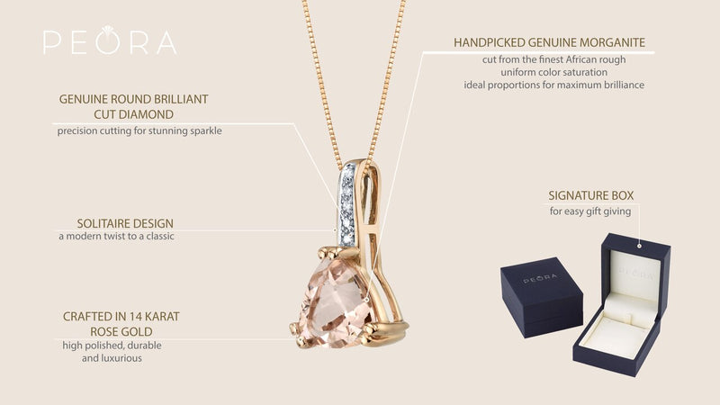 14K Rose Gold Genuine Morganite And Diamond Triad Pendant 1 75 Carats Trillion Cut P10022 on a model or additional view