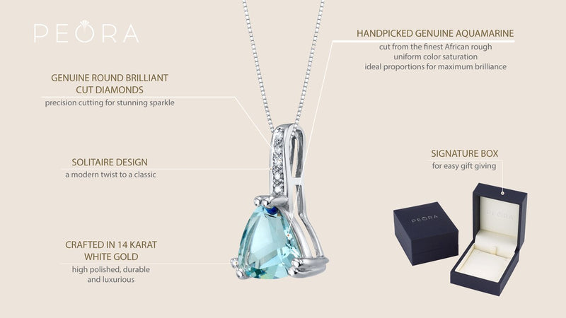 14K White Gold Genuine Aquamarine And Diamond Triad Pendant 1 50 Carats Trillion Cut P10024 on a model or additional view