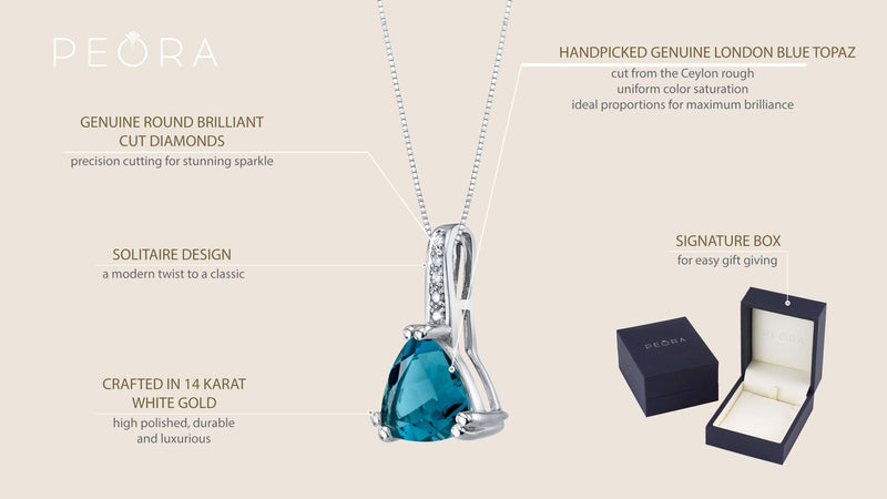 14K White Gold Genuine London Blue Topaz And Diamond Triad Pendant 2 Carats Trillion Cut P10030 on a model or additional view