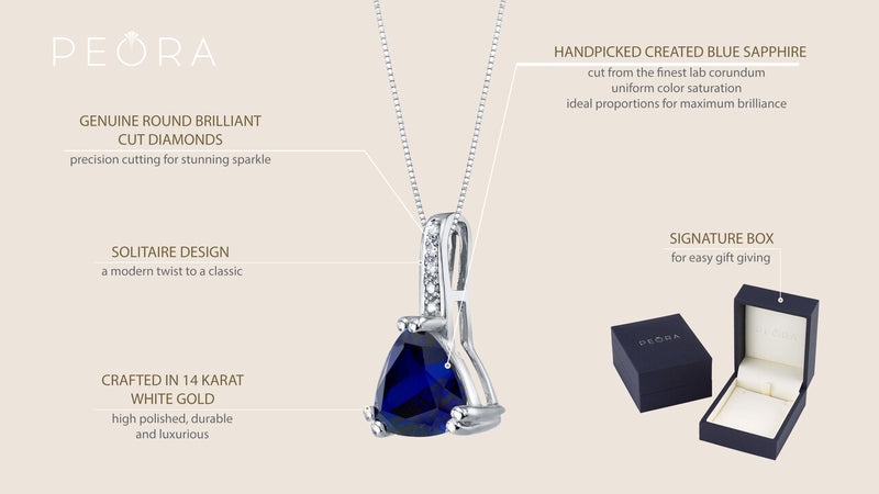 14K White Gold Created Blue Sapphire And Diamond Triad Pendant 2 50 Carats Trillion Cut P10032 on a model or additional view
