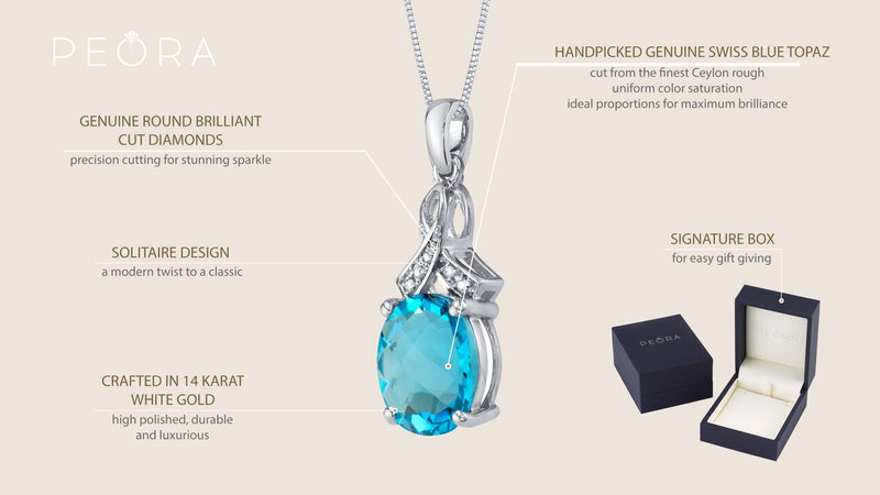14K White Gold Genuine Swiss Blue Topaz And Diamond Soul Pendant 4 Carats Oval Shape P10036 on a model or additional view