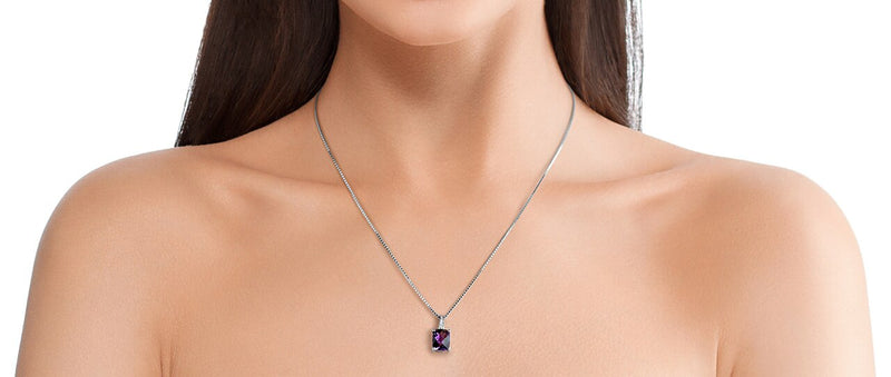 14K White Gold Genuine Amethyst And Diamond Cushion Cut Cosmo Pendant 2 50 Carats P10038 on a model