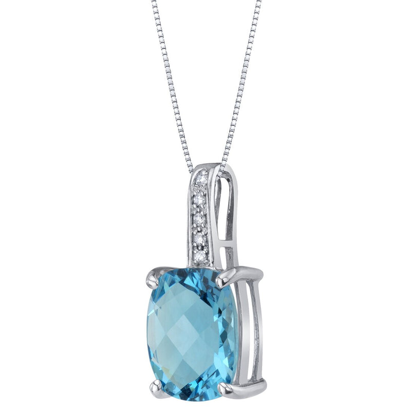 Cushion Cut Swiss Blue Topaz and Diamond Pendant Necklace 14K White Gold 3.25 Carats