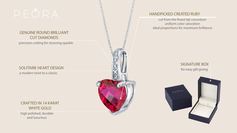 14K White Gold Created Ruby And Diamond Heart Pendant 2 50 Carats P10052 on a model or additional view