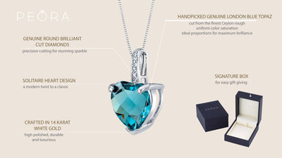 14K White Gold Genuine London Blue Topaz And Diamond Heart Pendant 4 Carats P10064 on a model or additional view