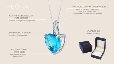 14K White Gold Genuine Swiss Blue Topaz And Diamond Heart Pendant 4 Carats P10066 on a model or additional view