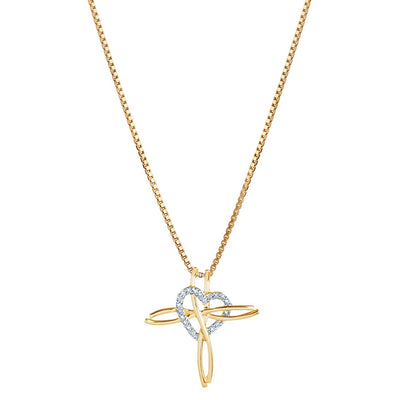 Diamond Cross Heart Pendant Necklace 14K Yellow Gold