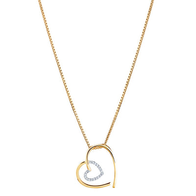 Diamond Heart in Heart Pendant Necklace 14K Yellow Gold