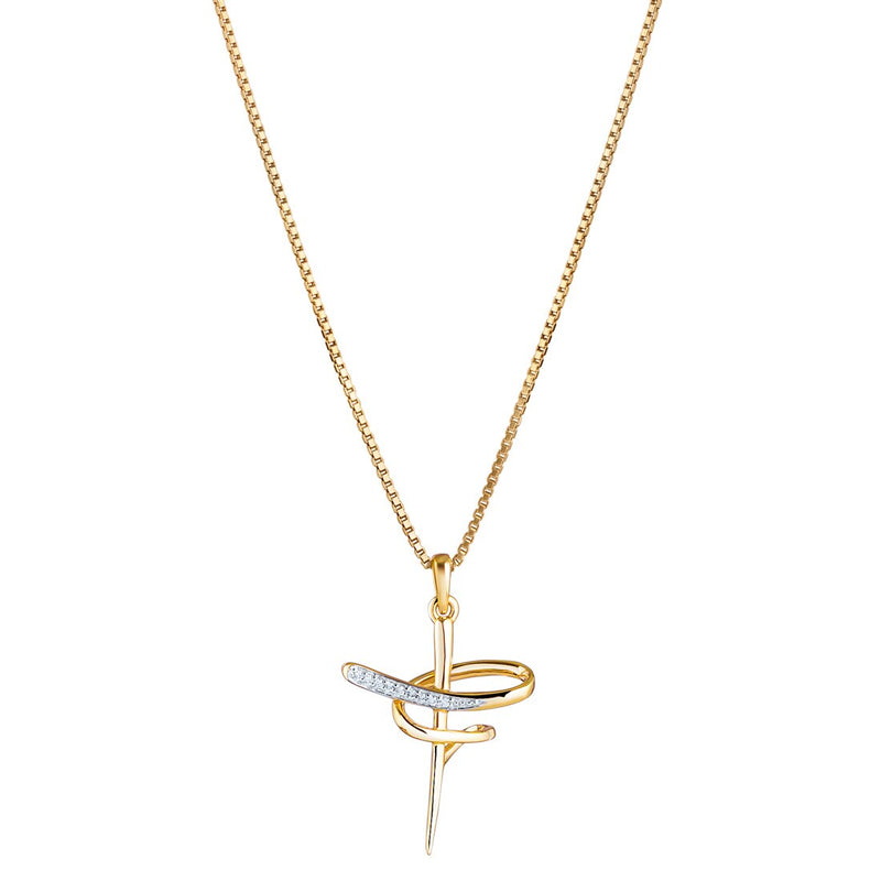 Diamond Swirl Cross Pendant Necklace 14K Yellow Gold