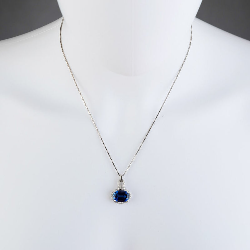 14K White Gold Created Sapphire And Lab Grown Diamond Pendant 8 96 Carats Total P10110 on a model