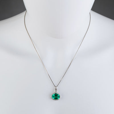 14K White Gold Created Colombian Emerald And Lab Grown Diamond Pendant 5 96 Carats Total P10112 on a model