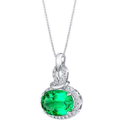 14K White Gold Created Colombian Emerald and Lab Grown Diamond Pendant 5.96 Carats Oval Shape