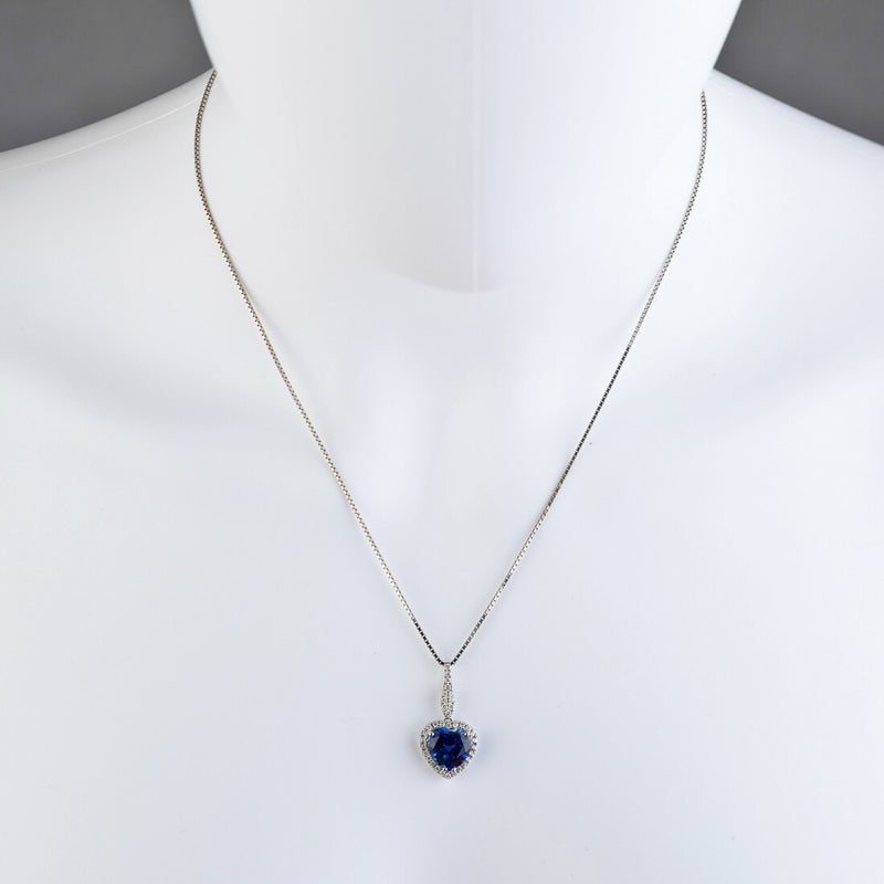 14K White Gold Created Sapphire And Lab Grown Diamond Pendant 5 36 Carats Total Heart Shape P10116 on a model