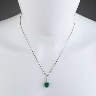 14K White Gold Created Colombian Emerald And Lab Grown Diamond Pendant 3 61 Carats Total Heart Shape P10118 on a model