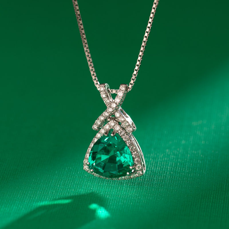 14K White Gold Created Colombian Emerald and Lab Grown Diamond Pendant 4.77 Carats Total Trillion Cut