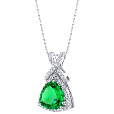 14K White Gold Created Colombian Emerald and Lab Grown Diamond Pendant 4.77 Carats Total Trillion Cut