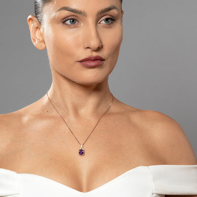 Amethyst And Lab Grown Diamond Pendant In 14 Karat Rose Gold Cushion Cut 3 11 Carats Total P10138 on a model