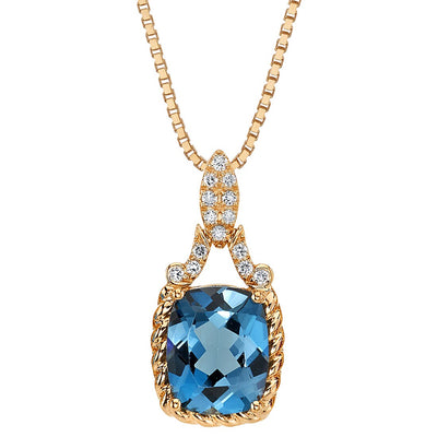 London Blue Topaz and Lab Grown Diamond Pendant in 14 Karat Rose Gold, Cushion Cut, 3.61 Carats total