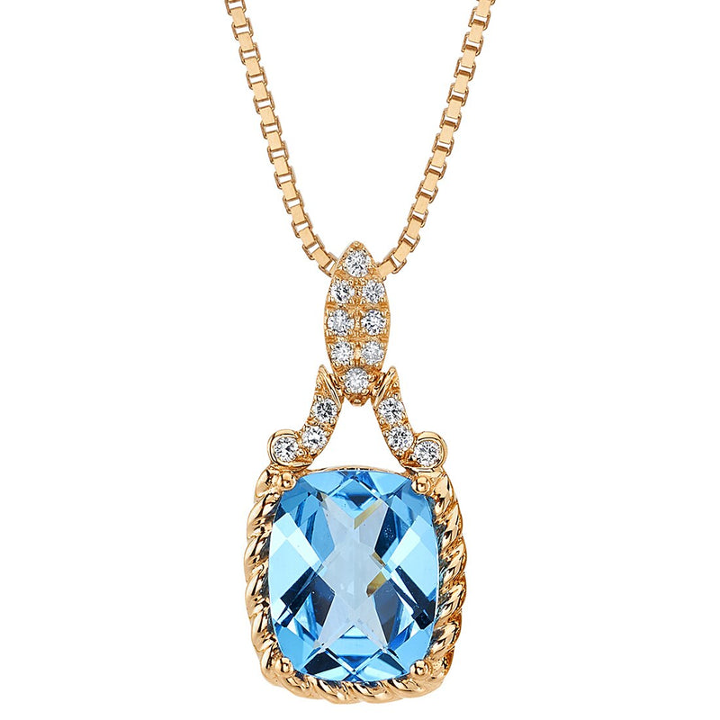 Cushion Cut Swiss Blue Topaz and Diamond Cable Halo Pendant Necklace 14K Rose Gold 3.50 Carats