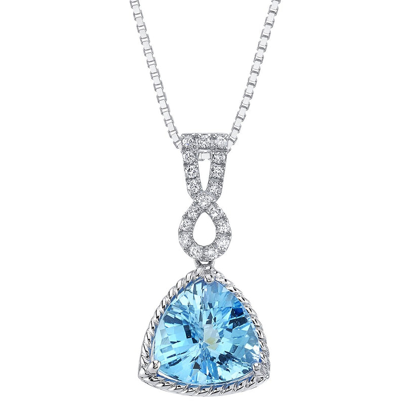 Swiss Blue Topaz and Lab Grown Diamond Cable Halo Pendant in 14 Karat White Gold, Trillion Cut, 11mm, 5.19 Carats total