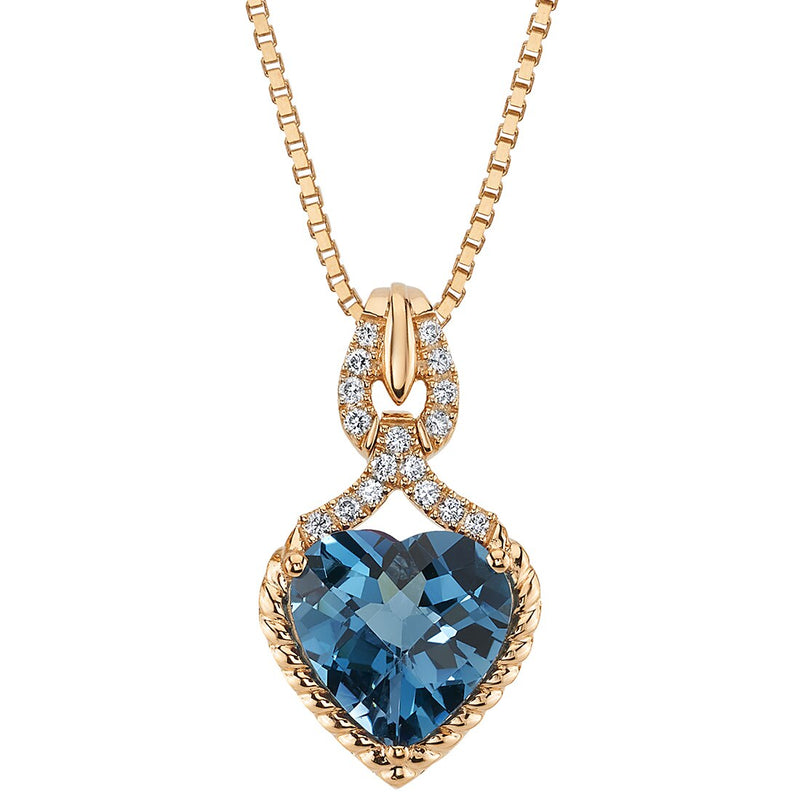 Heart Shape London Blue Topaz and Diamond Halo Pendant Necklace 14K Rose Gold 4 Carats