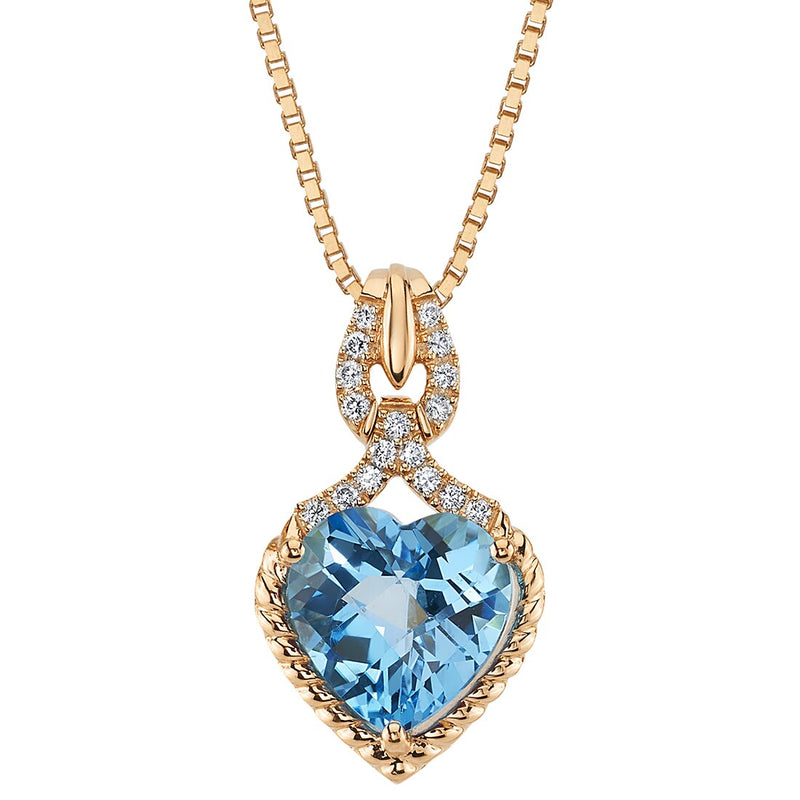 Swiss Blue Topaz and Lab Grown Diamond Heart Pendant in 14 Karat Rose Gold, Cable Halo Solitaire, 10mm, 4.14 Carats total