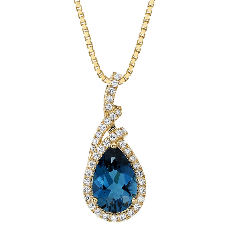 London Blue Topaz and Lab Grown Diamond Halo Pendant in 14 Karat Yellow Gold, Pear Shaped, 12x8mm, 3.38 Carats total