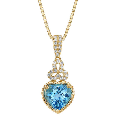 Heart Shape Swiss Blue Topaz and Diamond Shape Trinity Pendant Necklace 14K Yellow Gold 3 Carats