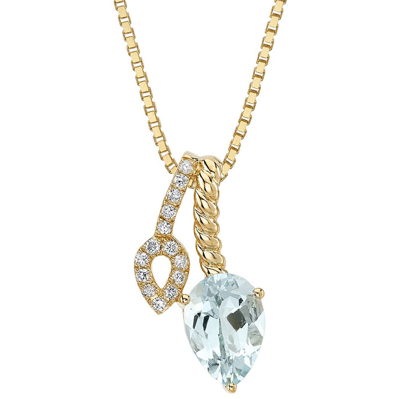 Pear Shape Aquamarine and Diamond Asymmetrical Teardrop Pendant Necklace 14K Yellow Gold 1.60 Carats Total