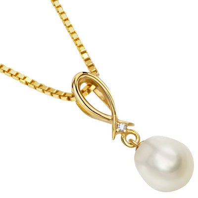 Freshwater Cultured White Pearl Drop Pendant In 14K Yellow Gold Baroque Oval Shape 8X6Mm Open Infinity Dangling Solitaire P10168 alternate view and angle