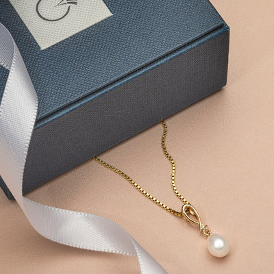 Freshwater Cultured White Pearl Drop Pendant In 14K Yellow Gold Baroque Oval Shape 8X6Mm Open Infinity Dangling Solitaire P10168 complimentary gift box