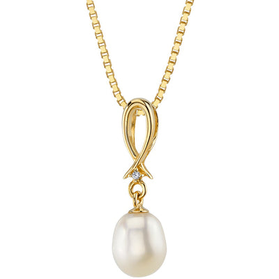 Freshwater Cultured White Pearl Infinity Dangling Pendant Necklace 14K Yellow Gold Baroque Oval Shape