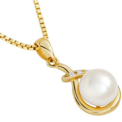 Freshwater Cultured White Pearl Infinity Drop Pendant In 14K Yellow Gold Round Button Shape 7Mm Dangle Solitaire Design P10170 alternate view and angle