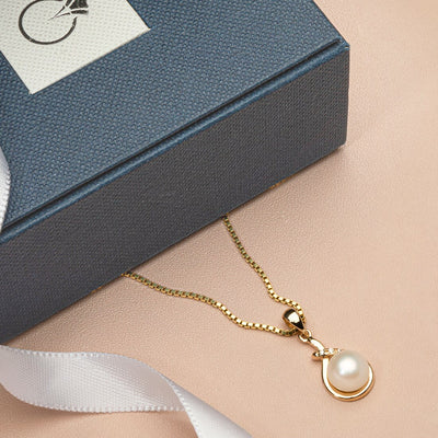 Freshwater Cultured White Pearl Infinity Drop Pendant In 14K Yellow Gold Round Button Shape 7Mm Dangle Solitaire Design P10170 complimentary gift box