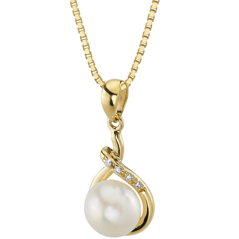Freshwater Cultured 7mm White Pearl Infinity Drop Pendant Necklace 14K Yellow Gold
