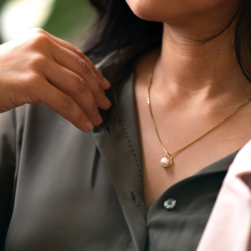 Freshwater Cultured White Pearl Slider Pendant In 14K Yellow Gold Round Button Shape 7Mm Solitaire Design P10172 additional view, angle, and on model