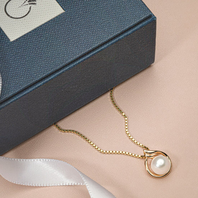Freshwater Cultured White Pearl Slider Pendant In 14K Yellow Gold Round Button Shape 7Mm Solitaire Design P10172 complimentary gift box